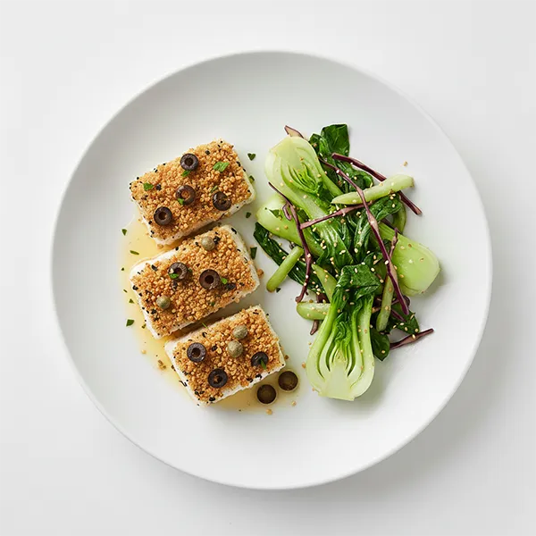 Grenobloise Olive Crusted Fish with Sesame Bok Choy and Cabbage